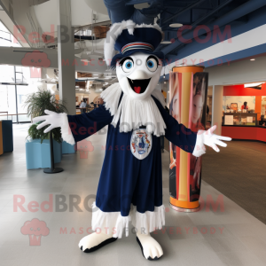 Navy Stilt Walker mascot costume character dressed with a Romper and Shawl pins