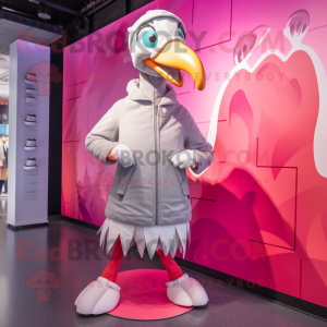 Silver Flamingo mascot costume character dressed with a Coat and Beanies