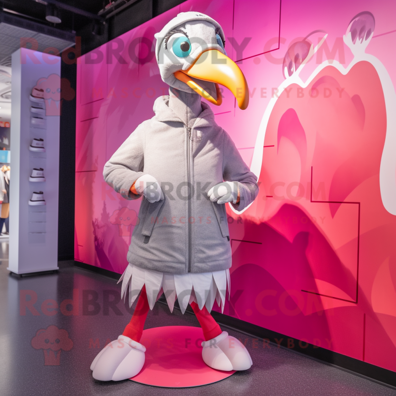Silver Flamingo mascot costume character dressed with a Coat and Beanies Silver Flamingo mascot costume character dressed with a Coat and Beanies
