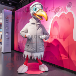 Silver Flamingo mascot costume character dressed with a Coat and Beanies