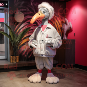 Silver Flamingo mascot costume character dressed with a Coat and Beanies