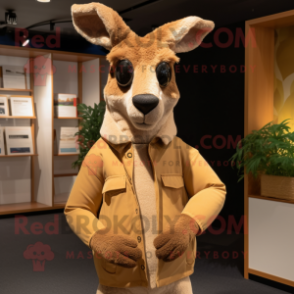 Tan Kangaroo mascot costume character dressed with a Jacket and Eyeglasses