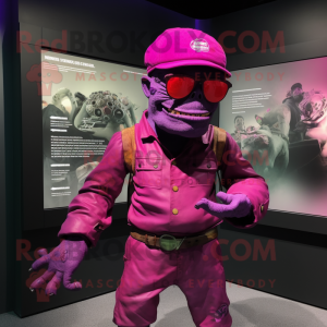 Magenta Frankenstein'S Monster mascot costume character dressed with a Rash Guard and Berets