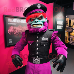 Magenta Frankenstein'S Monster mascot costume character dressed with a Rash Guard and Berets