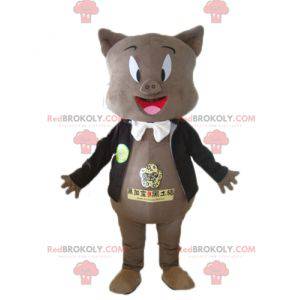 Mascota de cerdo gris en chaqueta negra y pajarita -