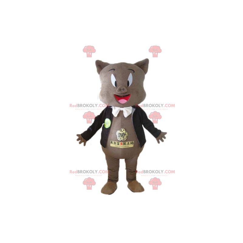 Gray pig mascot in black jacket and a bow tie - Redbrokoly.com