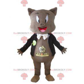 Graues Schweinemaskottchen in schwarzer Jacke und Fliege -