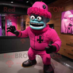 Magenta Frankenstein'S Monster mascot costume character dressed with a Rash Guard and Berets