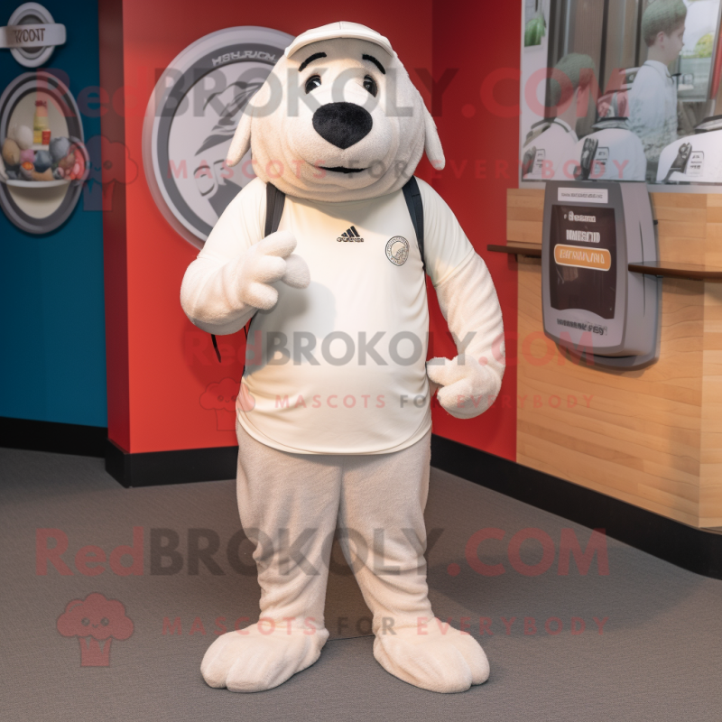 Cream Seal mascot costume character dressed with a Joggers and Headbands