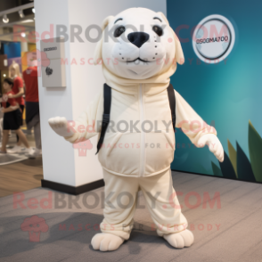 Cream Seal mascot costume character dressed with a Joggers and Headbands