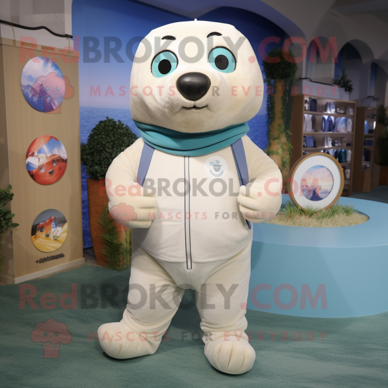 Cream Seal mascot costume character dressed with a Joggers and Headbands