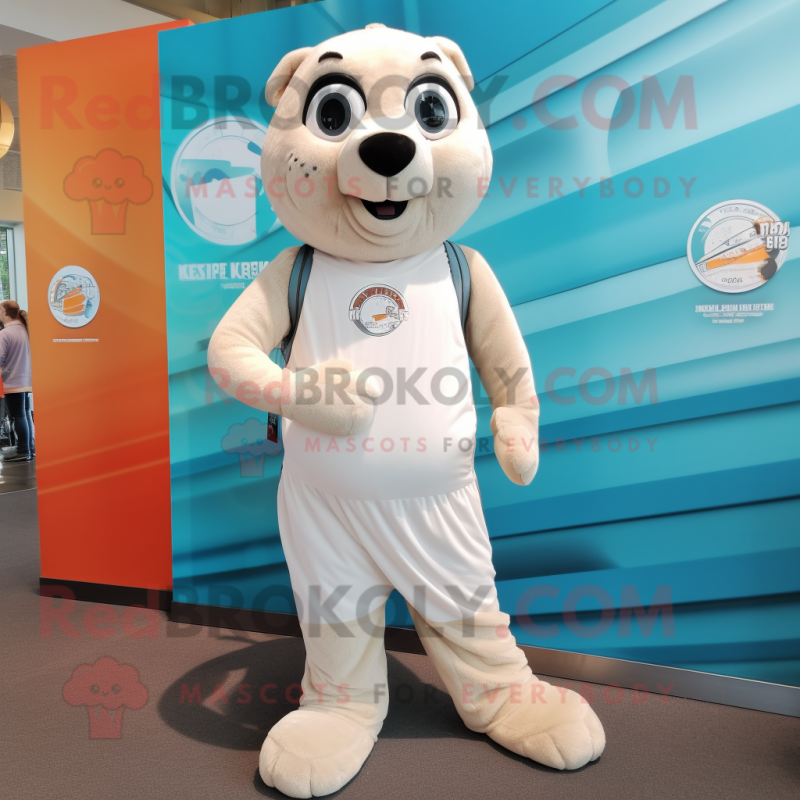 Cream Seal mascot costume character dressed with a Joggers and Headbands