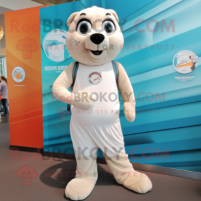 Cream Seal mascot costume character dressed with a Joggers and Headbands