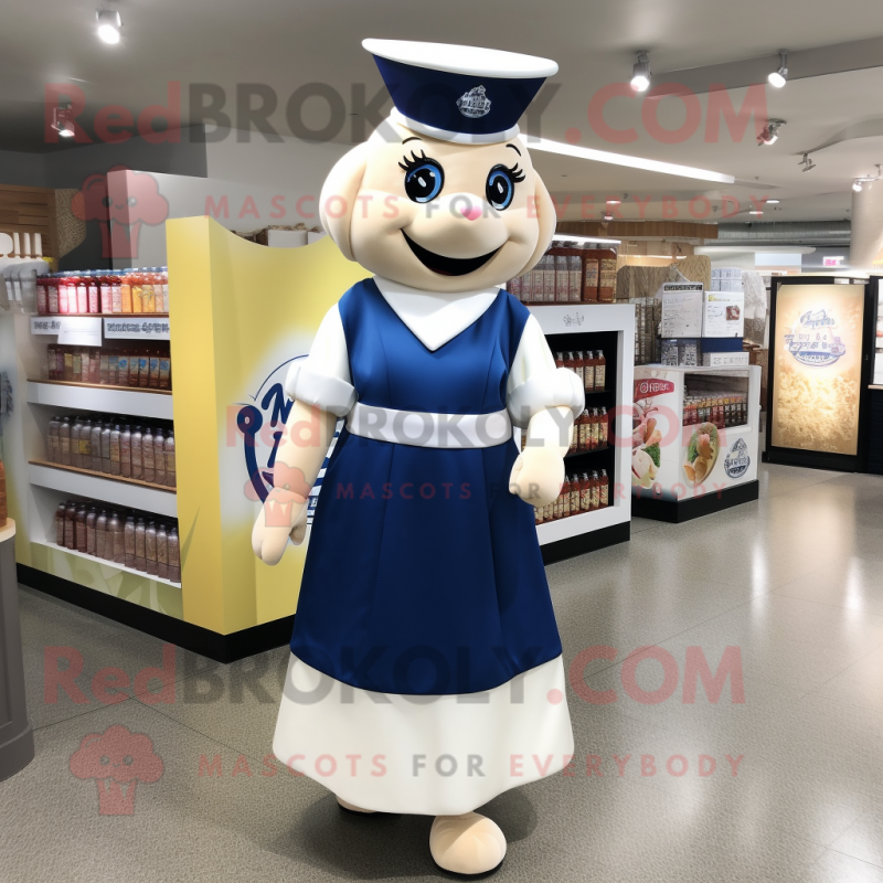 Navy Bottle Of Milk mascot costume character dressed with a A-Line Skirt and Tote bags