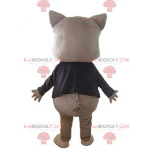 Graues Schweinemaskottchen in schwarzer Jacke und Fliege -