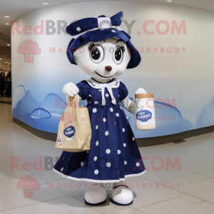 Navy Bottle Of Milk mascot costume character dressed with a A-Line Skirt and Tote bags