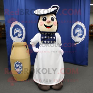 Navy Bottle Of Milk mascot costume character dressed with a A-Line Skirt and Tote bags