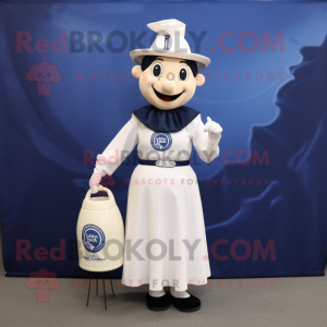Navy Bottle Of Milk mascot costume character dressed with a A-Line Skirt and Tote bags