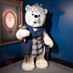 White Bagpipe mascot costume character dressed with a Bootcut Jeans and Shawl pins