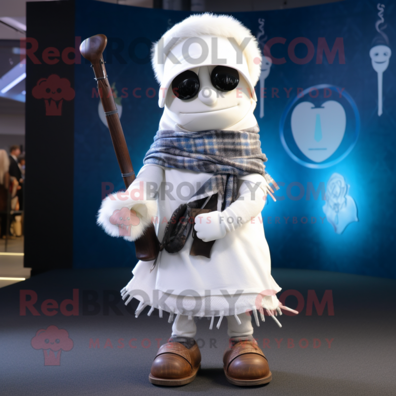 White Bagpipe mascot costume character dressed with a Bootcut Jeans and Shawl pins White Bagpipe mascot costume character dressed with a Bootcut Jeans and Shawl pins