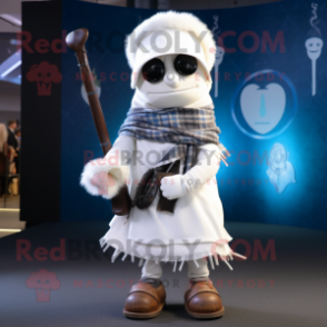 White Bagpipe mascot costume character dressed with a Bootcut Jeans and Shawl pins