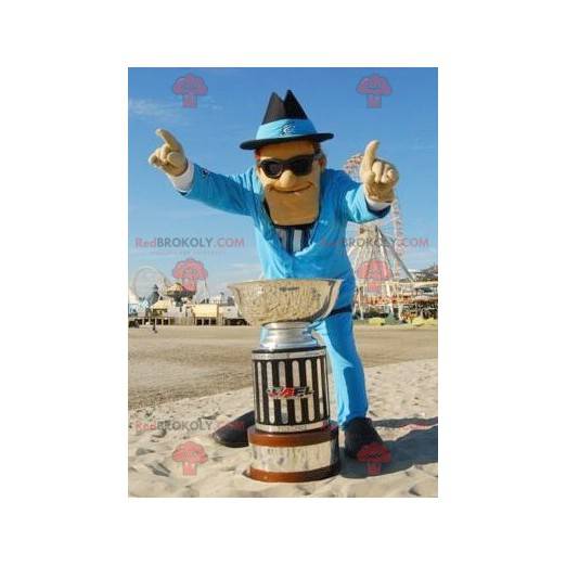 Mascot man dressed in a blue suit with glasses - Redbrokoly.com