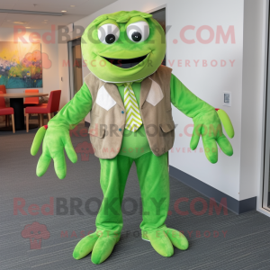 Lime Green Crab Cakes mascot costume character dressed with a Corduroy Pants and Tie pins