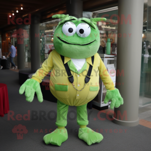 Lime Green Crab Cakes mascot costume character dressed with a Corduroy Pants and Tie pins