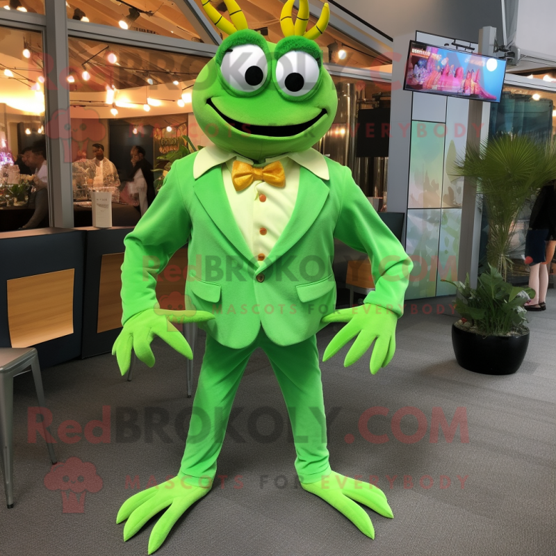 Lime Green Crab Cakes mascot costume character dressed with a Corduroy Pants and Tie pins