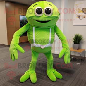 Lime Green Crab Cakes mascot costume character dressed with a Corduroy Pants and Tie pins