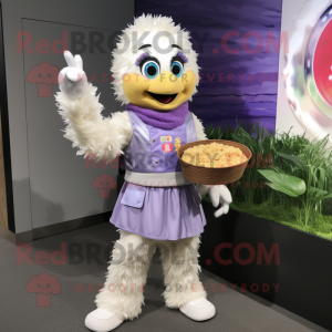 Lavender Fried Rice mascot costume character dressed with a Moto Jacket and Clutch bags