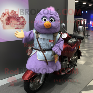 Lavender Fried Rice mascot costume character dressed with a Moto Jacket and Clutch bags