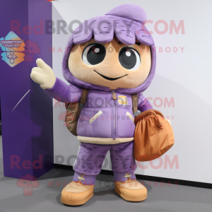 Lavender Fried Rice mascot costume character dressed with a Moto Jacket and Clutch bags