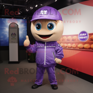 Lavender Fried Rice mascot costume character dressed with a Moto Jacket and Clutch bags