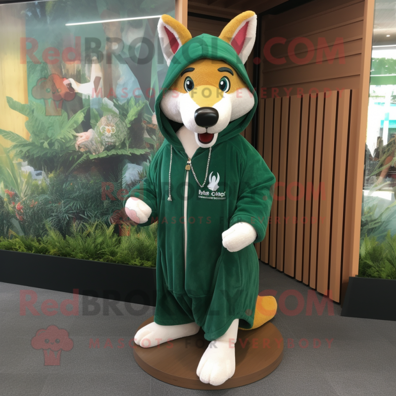 Forest Green Dingo mascot costume character dressed with a Cover-up and Keychains