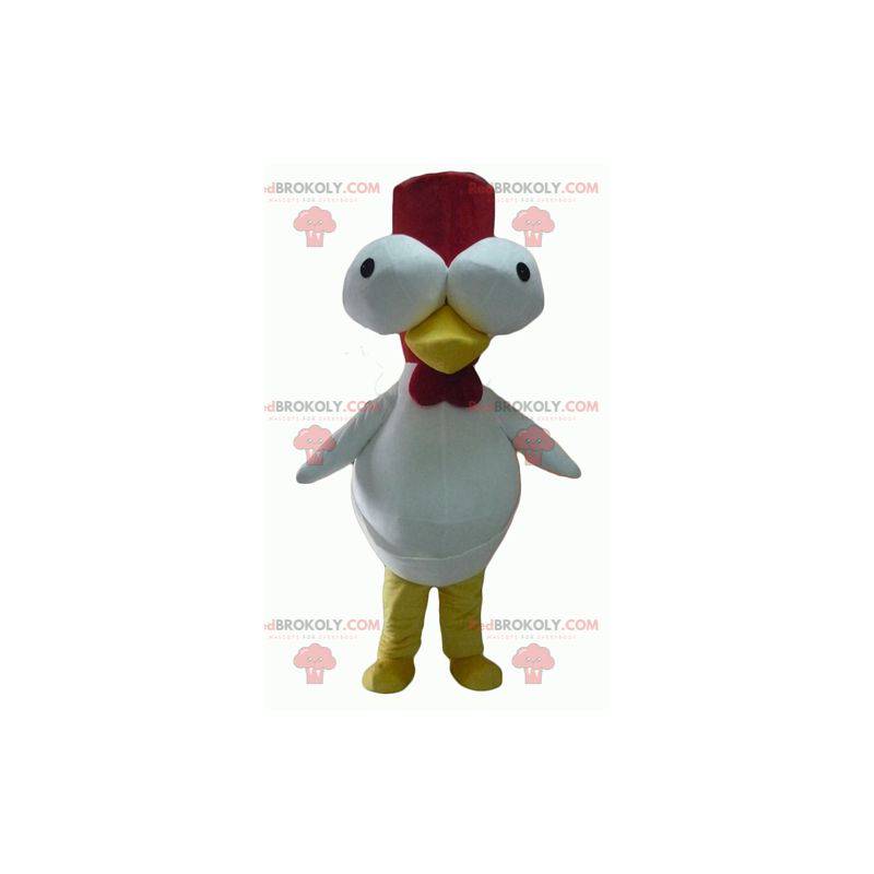 Mascotte de coq blanc et rouge avec des yeux globuleux -