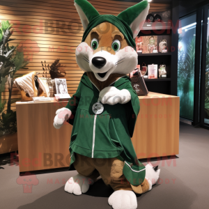 Forest Green Dingo mascot costume character dressed with a Cover-up and Keychains