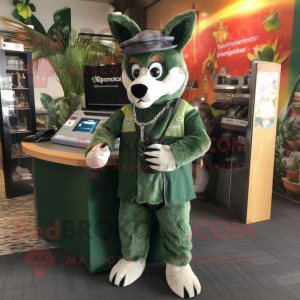 Forest Green Dingo mascot costume character dressed with a Cover-up and Keychains