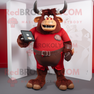 Red Minotaur mascot costume character dressed with a Culottes and Wallets