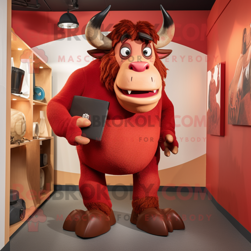 Red Minotaur mascot costume character dressed with a Culottes and Wallets Red Minotaur mascot costume character dressed with a Culottes and Wallets