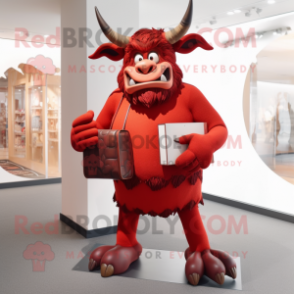 Red Minotaur mascot costume character dressed with a Culottes and Wallets