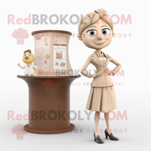 Beige Attorney mascot costume character dressed with a A-Line Dress and Brooches