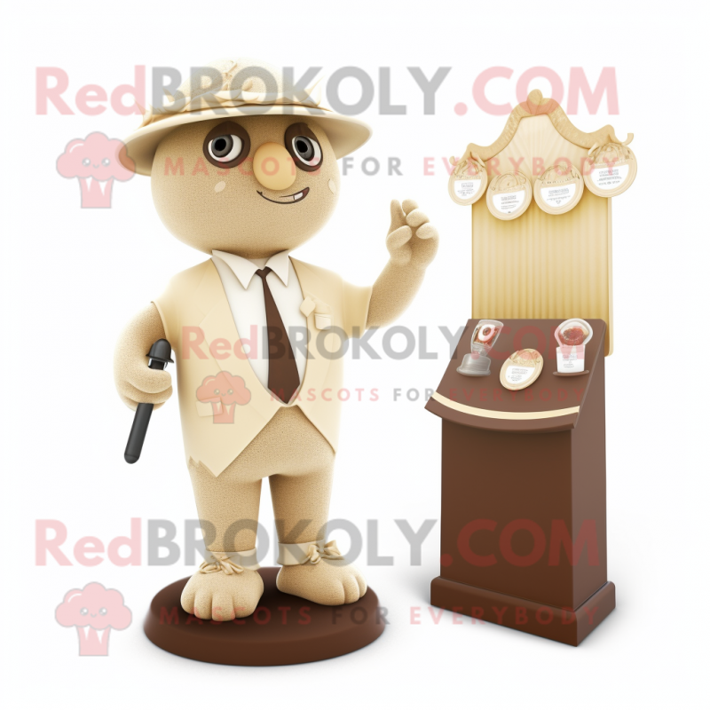 Beige Attorney mascot costume character dressed with a A-Line Dress and Brooches