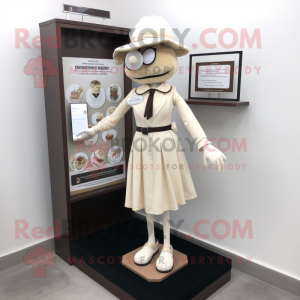 Beige Attorney mascot costume character dressed with a A-Line Dress and Brooches