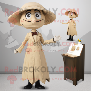 Beige Attorney mascot costume character dressed with a A-Line Dress and Brooches