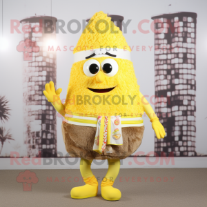 Lemon Yellow Biryani mascot costume character dressed with a Swimwear and Shoe laces