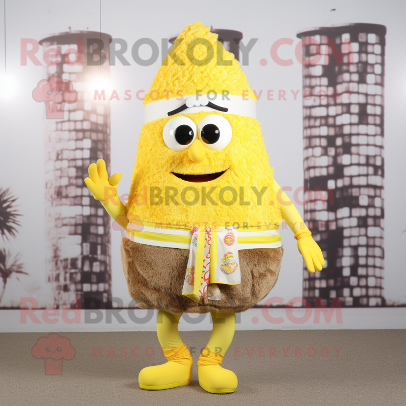 Lemon Yellow Biryani mascot costume character dressed with a Swimwear and Shoe laces Lemon Yellow Biryani mascot costume character dressed with a Swimwear and Shoe laces