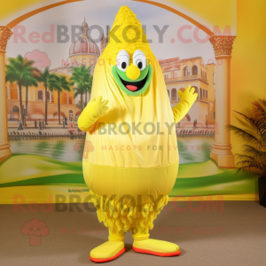 Lemon Yellow Biryani mascot costume character dressed with a Swimwear and Shoe laces
