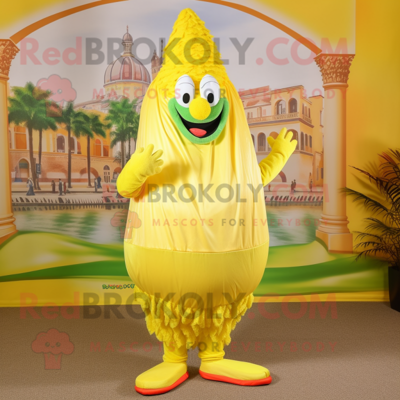 Lemon Yellow Biryani mascot costume character dressed with a Swimwear and Shoe laces