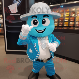 Turquoise Ring Master mascot costume character dressed with a Button-Up Shirt and Bracelets